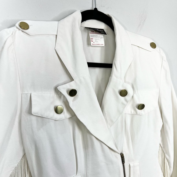 Vtg 80s 90s white power shoulder fringe sleeve military western peplum jacket 3 - Picture 9 of 17
